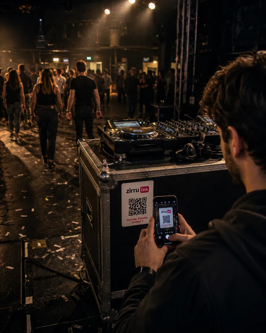 Un festivalier scanne le QR code Zirru Link collé sur le flight-case du DJ